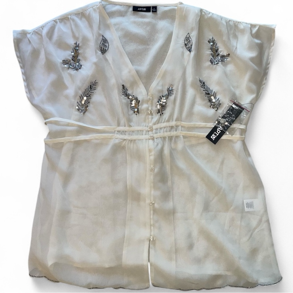Apt.‎ 9 Tie Waist Sheer Ivory Short Sleeve Blouse with Silver Sequin Feathers - Picture 7 of 7
